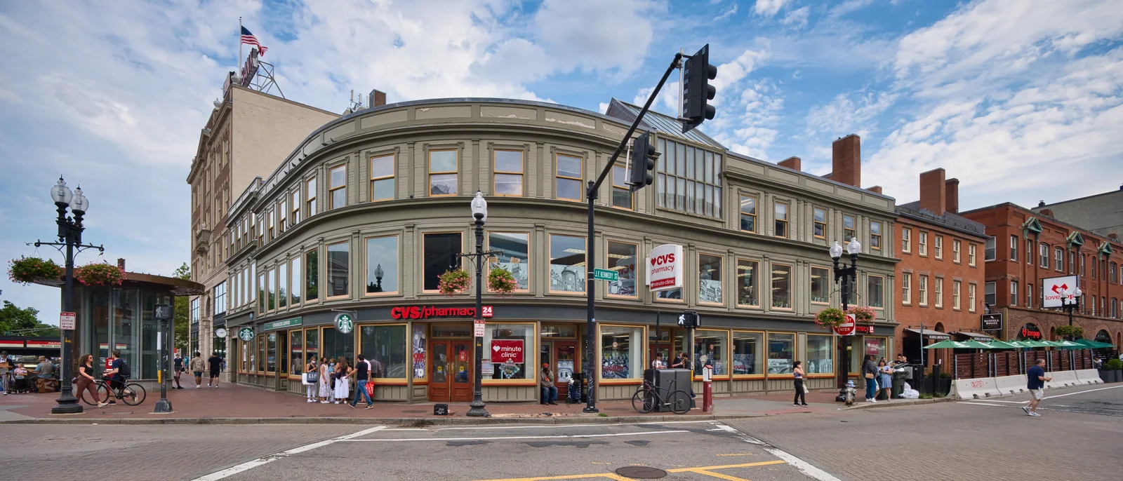 Buildings and storefronts at Harvard Square in Cambridge, Massachusetts