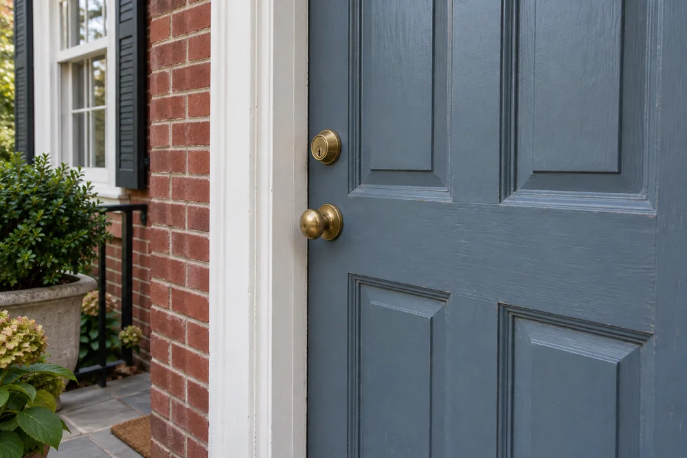 Installed lock and handle on a painted house door