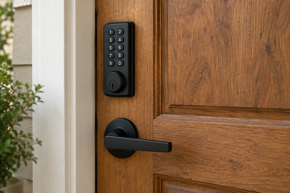 Keypad mounted on a wooden door